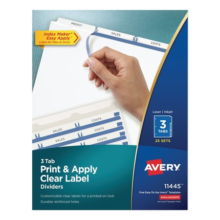 AVERY DENNISON Print-On Clear Label Dividers, Laser/Inkjet, 3 Tab, Pk25 11445